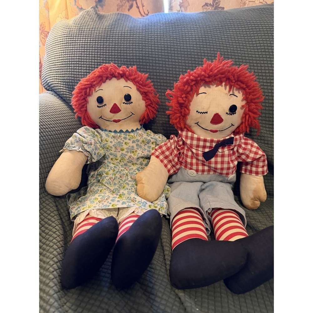 Vintage Handmade, Raggedy Ann And Andy Dolls 19in